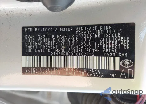 2015 Toyota Corolla Le from USA, damaged, VIN 2T1BURHE3FC462715